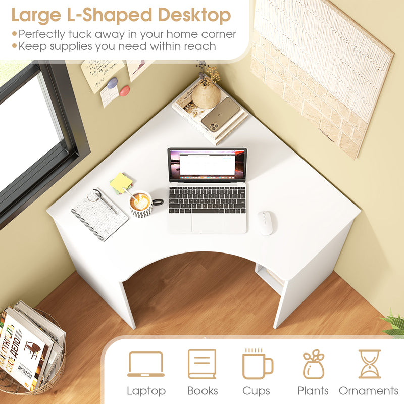 *Corner Computer Desk Triangle Home Office Desk with Adjustable Shelf and Arc-Shaped Profile - White