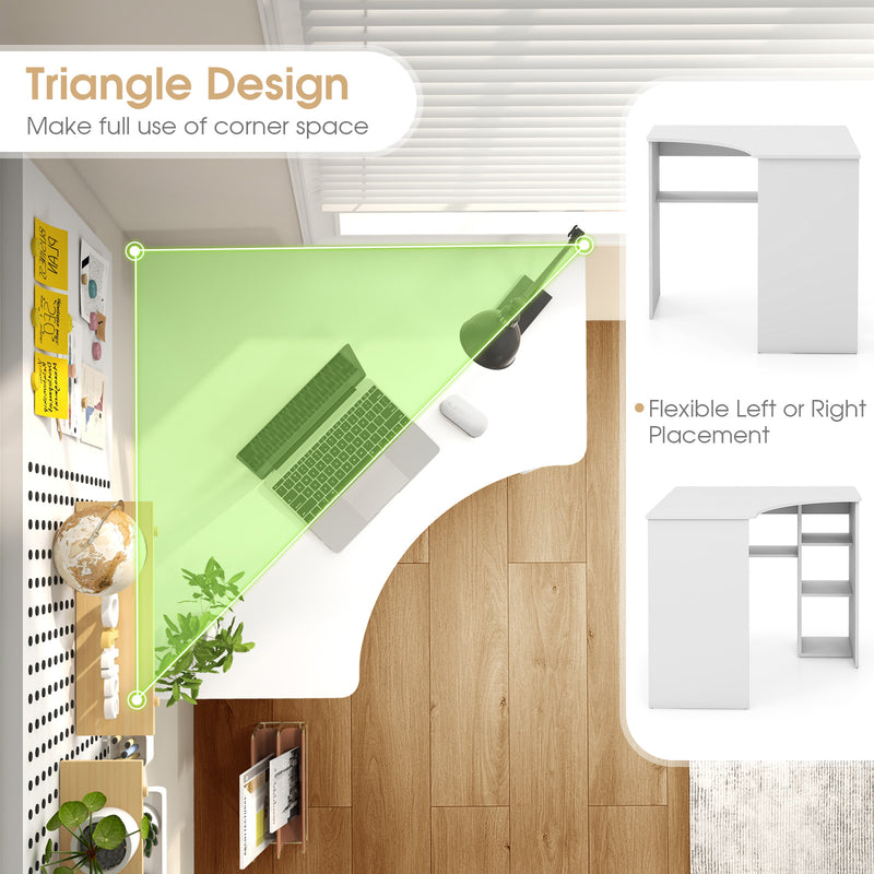 *Corner Computer Desk Triangle Home Office Desk with Adjustable Shelf and Arc-Shaped Profile - White