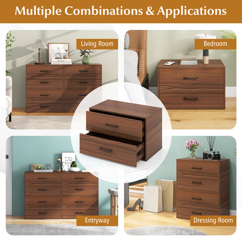 2-Drawer Stackable Horizontal Storage Cabinet Dresser Chest with Handles-Dark Brown