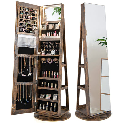 360° Rotating Mirrored Jewelry Cabinet Armoire 3 Color LED Modes Lockable-Brown