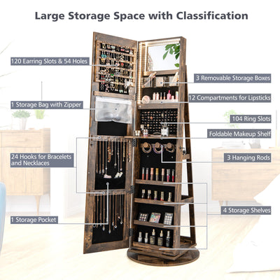 360° Rotating Mirrored Jewelry Cabinet Armoire 3 Color LED Modes Lockable-Brown