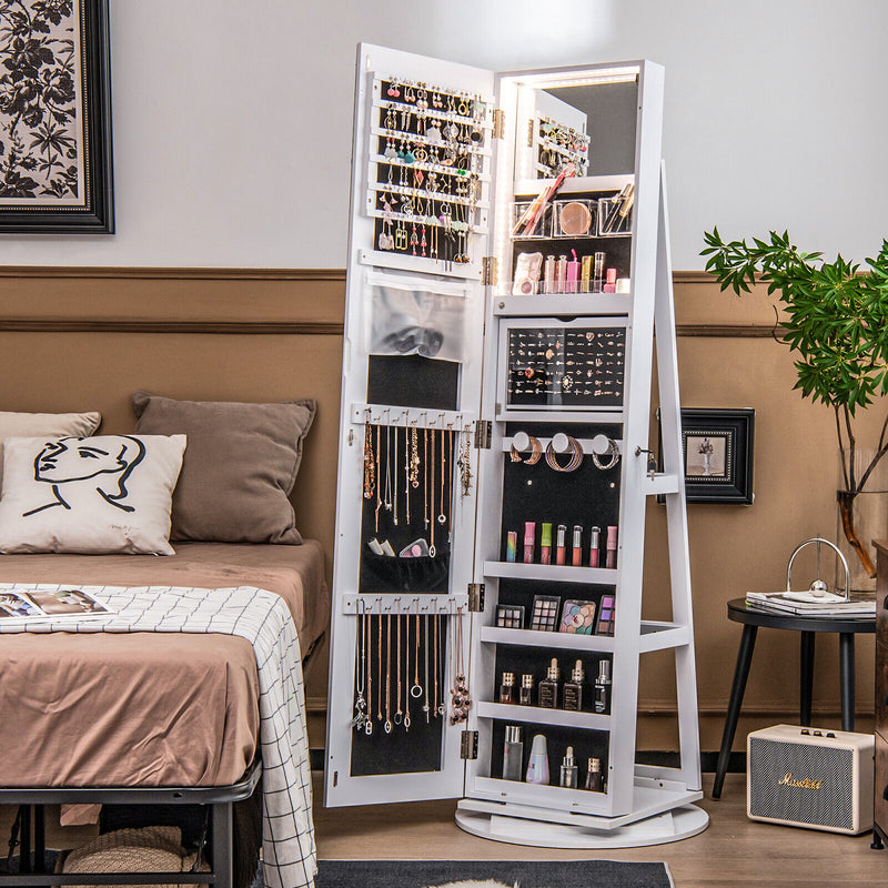 360° Rotating Mirrored Jewelry Cabinet Armoire 3 Color LED Modes Lockable-White