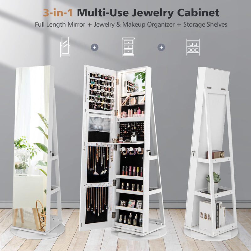 360° Rotating Mirrored Jewelry Cabinet Armoire 3 Color LED Modes Lockable-White