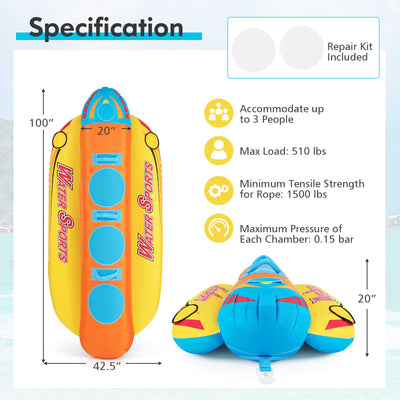 *3-Person Inflatable Banana Boat with 3 EVA-padded Seats and Handles