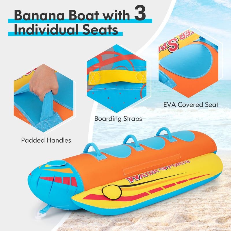 *3-Person Inflatable Banana Boat with 3 EVA-padded Seats and Handles