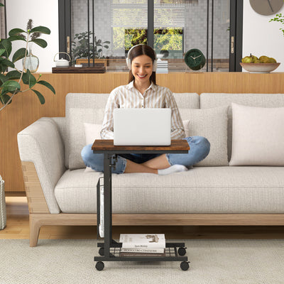 C-shape Sofa Side Table with Storage Basket-Rustic Brown