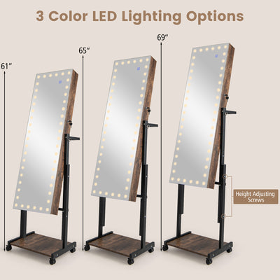 3-Color 46 LED Lights Mirror Jewelry Cabinet Armoire Adjustable Height with Wheels-Brown