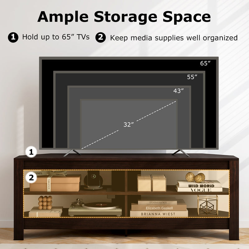 Corner TV Stand with Power Outlet and 4 Open Storage Shelves-Brown
