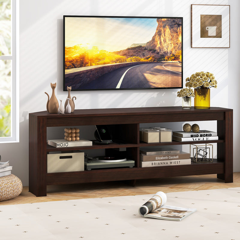 Corner TV Stand with Power Outlet and 4 Open Storage Shelves-Brown