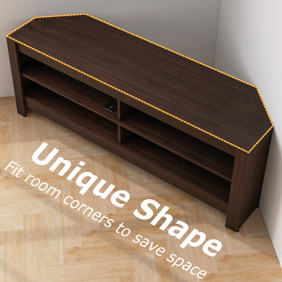 Corner TV Stand with Power Outlet and 4 Open Storage Shelves-Brown
