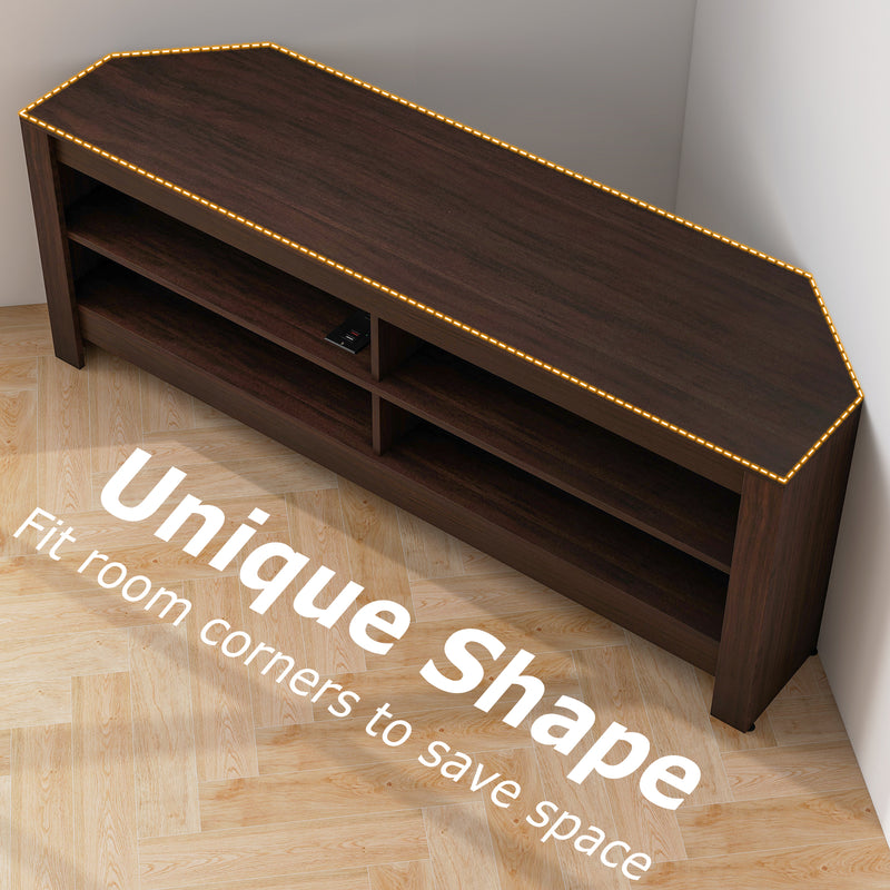 Corner TV Stand with Power Outlet and 4 Open Storage Shelves-Brown