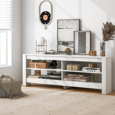 Corner TV Stand with Power Outlet and 4 Open Storage Shelves-White