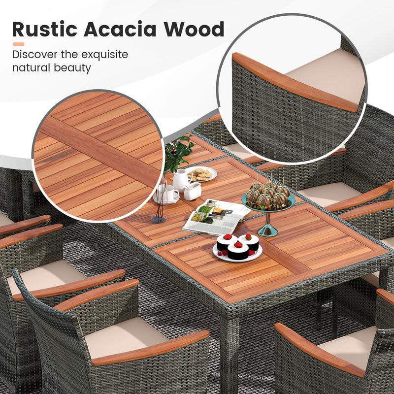 9 Pieces Rattan Patio Dining Set with Acacia Wood Table and Cushioned Chair