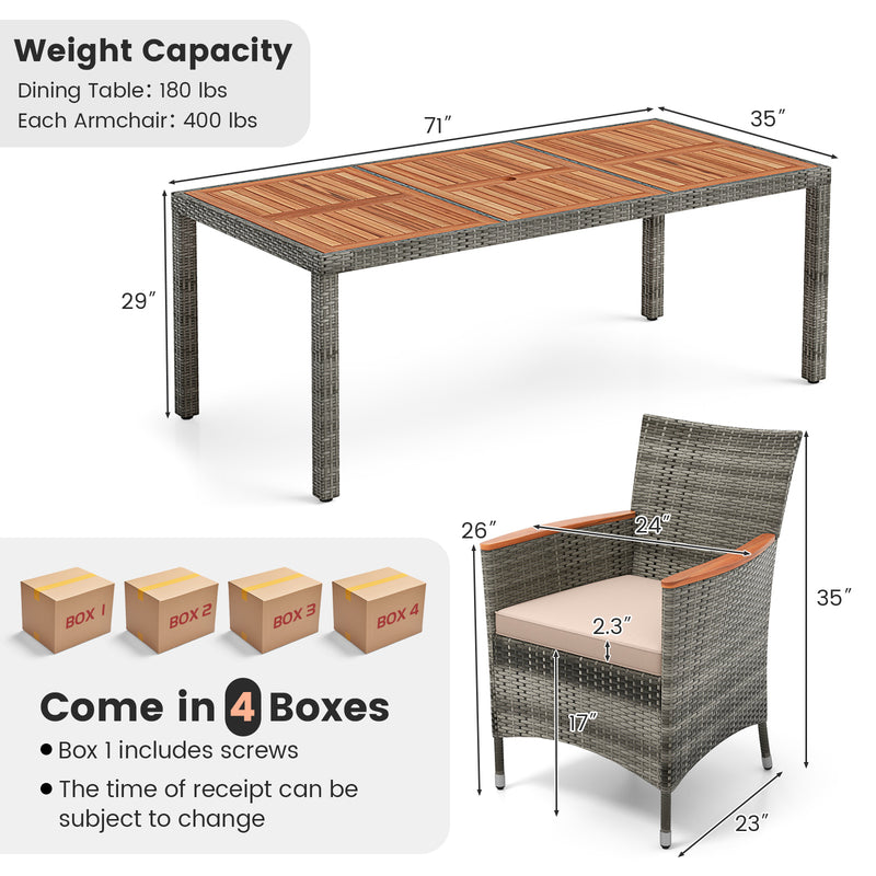 9 Pieces Rattan Patio Dining Set with Acacia Wood Table and Cushioned Chair
