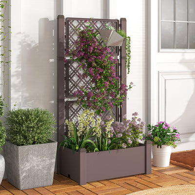 *Outdoor Planter Box Self-Watering Raised Garden Bed Trellis with Water Level Indicator - Coffee