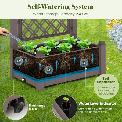 *Outdoor Planter Box Self-Watering Raised Garden Bed Trellis with Water Level Indicator - Coffee
