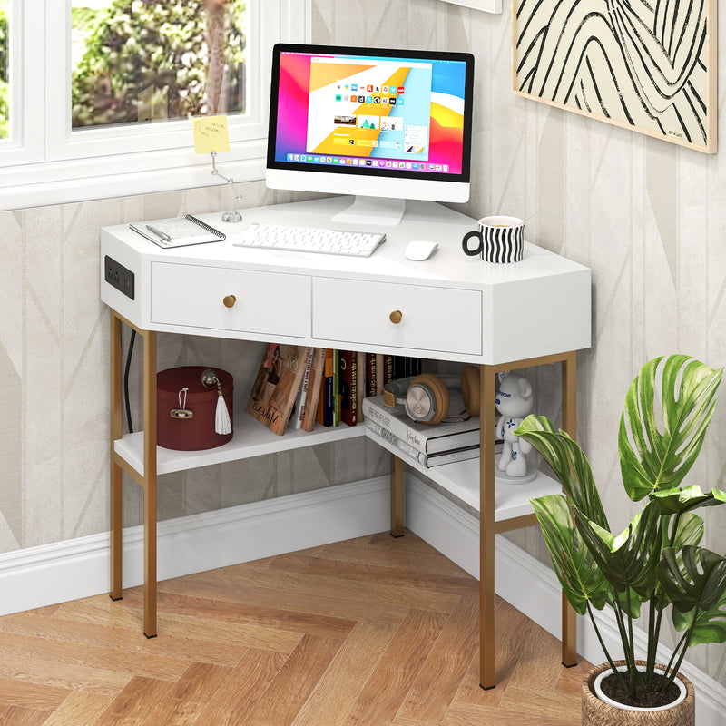 *Triangle Corner Desk with Charging Station with 2 Drawers and Storage Shelf - White