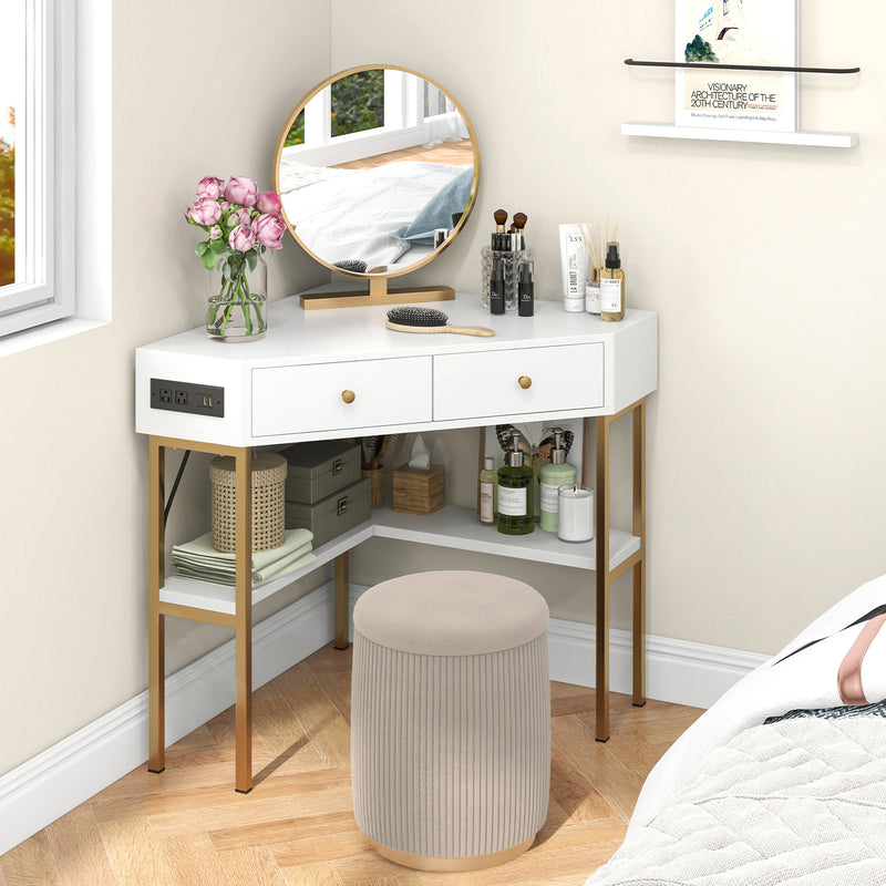 *Triangle Corner Desk with Charging Station with 2 Drawers and Storage Shelf - White