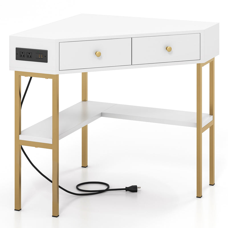 *Triangle Corner Desk with Charging Station with 2 Drawers and Storage Shelf - White