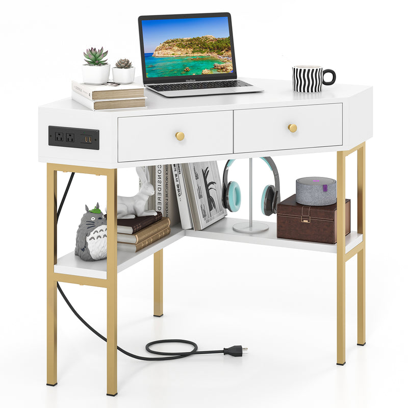 *Triangle Corner Desk with Charging Station with 2 Drawers and Storage Shelf - White