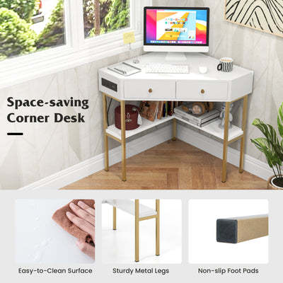 *Triangle Corner Desk with Charging Station with 2 Drawers and Storage Shelf - White