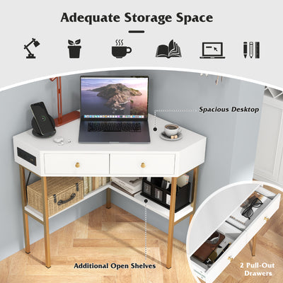 *Triangle Corner Desk with Charging Station with 2 Drawers and Storage Shelf - White