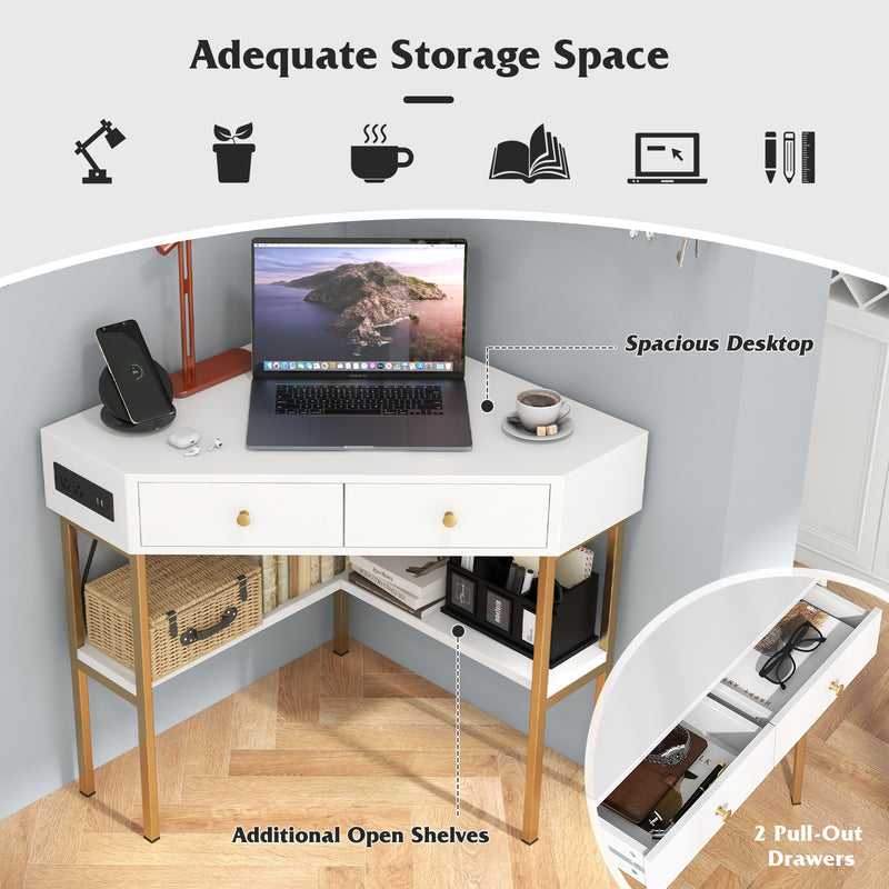 *Triangle Corner Desk with Charging Station with 2 Drawers and Storage Shelf - White