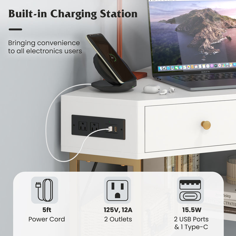 *Triangle Corner Desk with Charging Station with 2 Drawers and Storage Shelf - White