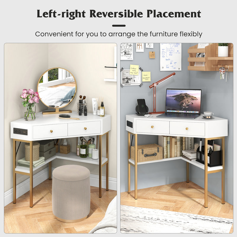 *Triangle Corner Desk with Charging Station with 2 Drawers and Storage Shelf - White