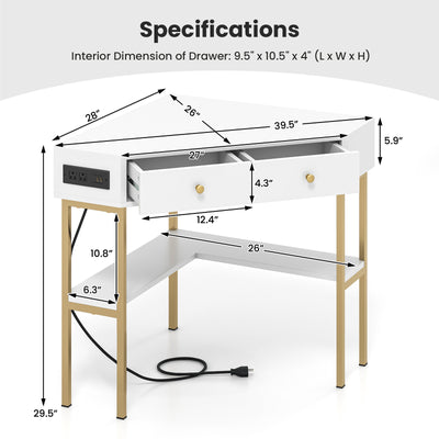 *Triangle Corner Desk with Charging Station with 2 Drawers and Storage Shelf - White