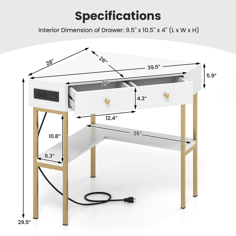 *Triangle Corner Desk with Charging Station with 2 Drawers and Storage Shelf - White