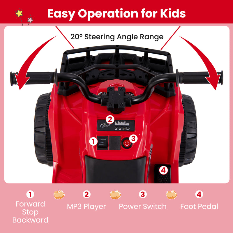 6V Kids Ride On Electric ATV with LED Headlights and MP3 Player-Red