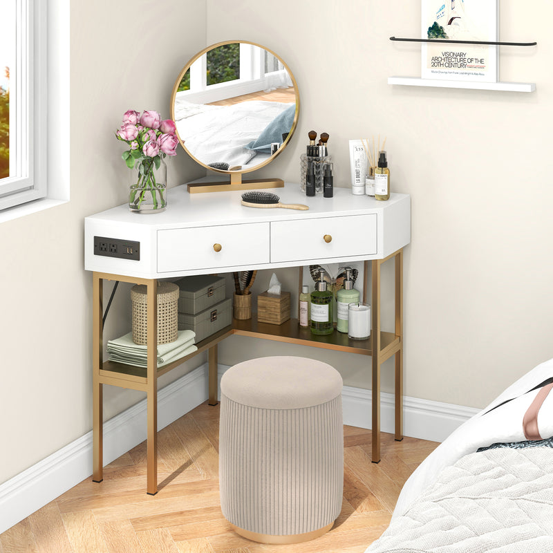 *Triangle Corner Desk with Charging Station with 2 Drawers and Storage Shelf - Golden