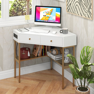 *Triangle Corner Desk with Charging Station with 2 Drawers and Storage Shelf - Golden