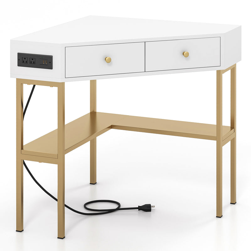 *Triangle Corner Desk with Charging Station with 2 Drawers and Storage Shelf - Golden