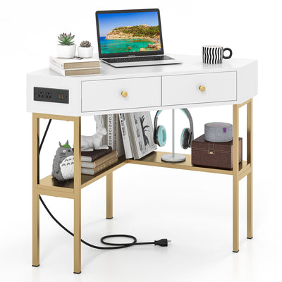 *Triangle Corner Desk with Charging Station with 2 Drawers and Storage Shelf - Golden
