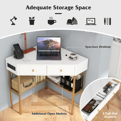 *Triangle Corner Desk with Charging Station with 2 Drawers and Storage Shelf - Golden