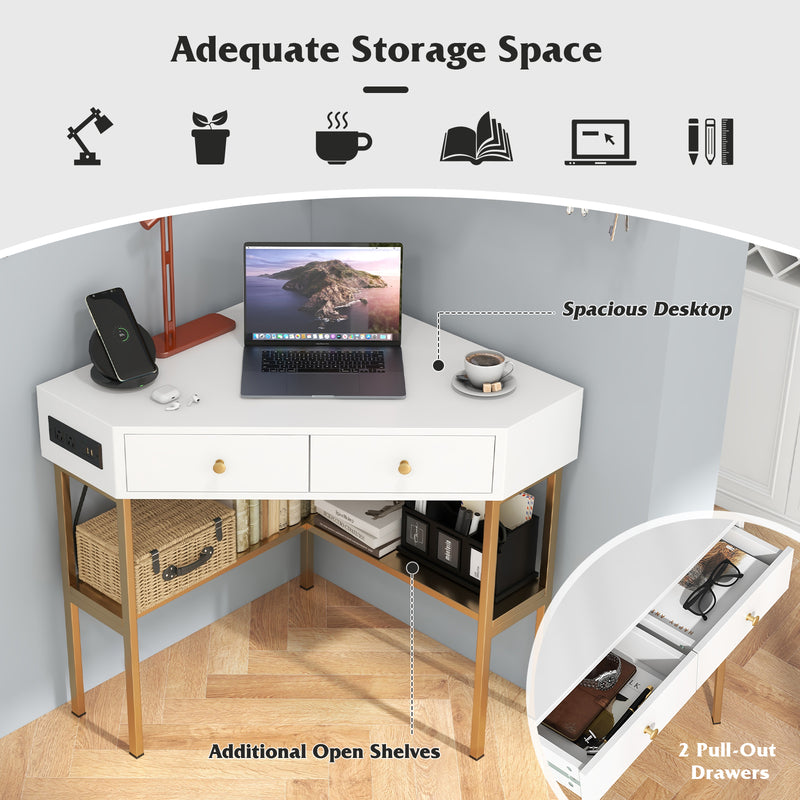 *Triangle Corner Desk with Charging Station with 2 Drawers and Storage Shelf - Golden