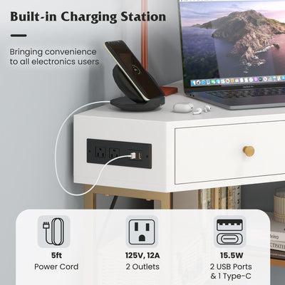 *Triangle Corner Desk with Charging Station with 2 Drawers and Storage Shelf - Golden