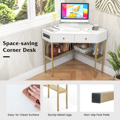 *Triangle Corner Desk with Charging Station with 2 Drawers and Storage Shelf - Golden