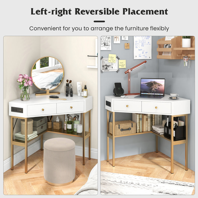 *Triangle Corner Desk with Charging Station with 2 Drawers and Storage Shelf - Golden