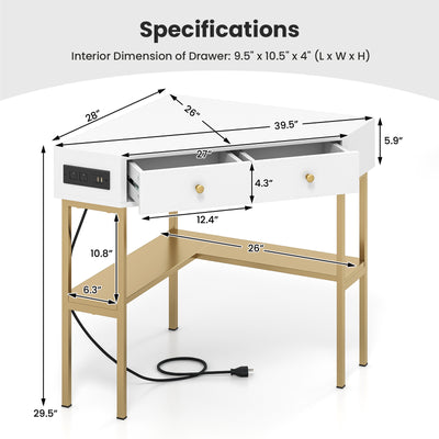 *Triangle Corner Desk with Charging Station with 2 Drawers and Storage Shelf - Golden