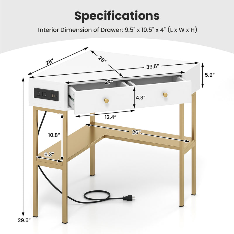 *Triangle Corner Desk with Charging Station with 2 Drawers and Storage Shelf - Golden