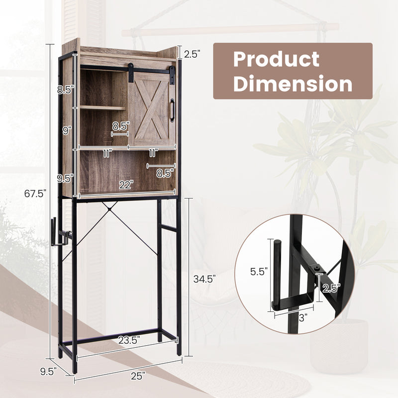 4-Tier Multifunctional Toilet Sorage Cabinet with Adjustable Shelf and Sliding Barn Door-Gray