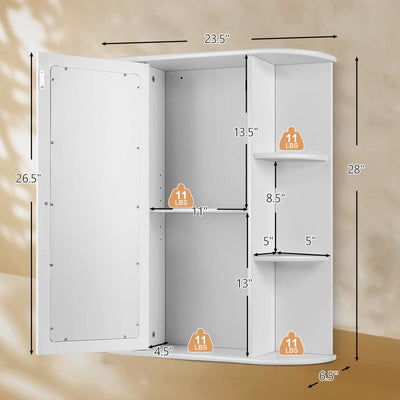 Bathroom Cabinet Single Door Shelves Wall Mount Cabinet-White