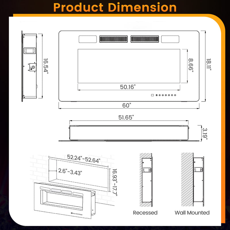 42/50/60/72 Inch Ultra-Thin Electric Fireplace with Decorative Crystals-60 inches