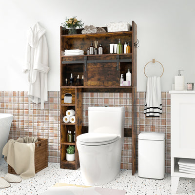 Over The Toilet Storage Cabinet with Sliding Barn Door and Adjustable Shelves-Rustic Brown