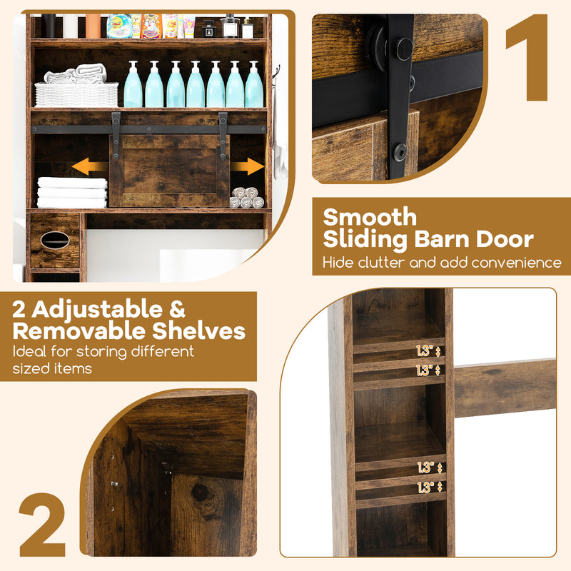 Over The Toilet Storage Cabinet with Sliding Barn Door and Adjustable Shelves-Rustic Brown