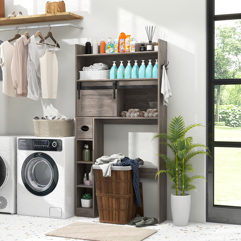 Over The Toilet Storage Cabinet with Sliding Barn Door and Adjustable Shelves-Gray