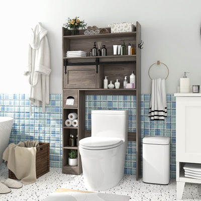 Over The Toilet Storage Cabinet with Sliding Barn Door and Adjustable Shelves-Gray